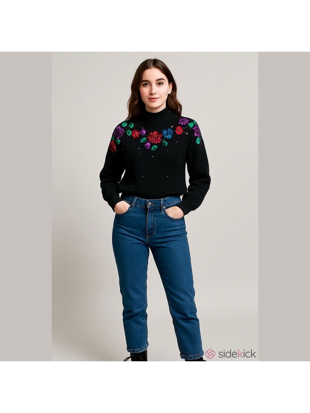 Vintage Floral Embellished Black Sweater sequin flowers gold beaded cottagecore